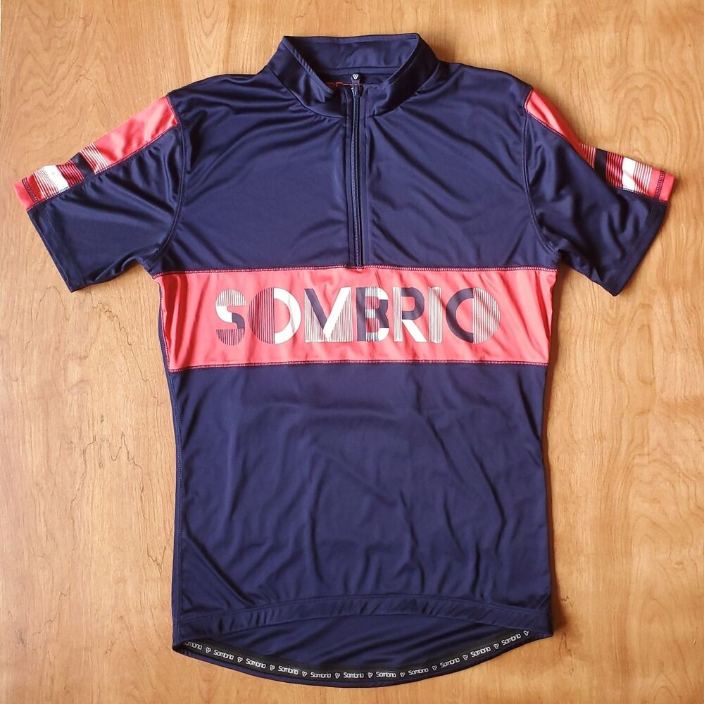 Sombrio Epik Cycling Jersey Mens L Blue Red Spellout Short Sleeve Rear Pockets